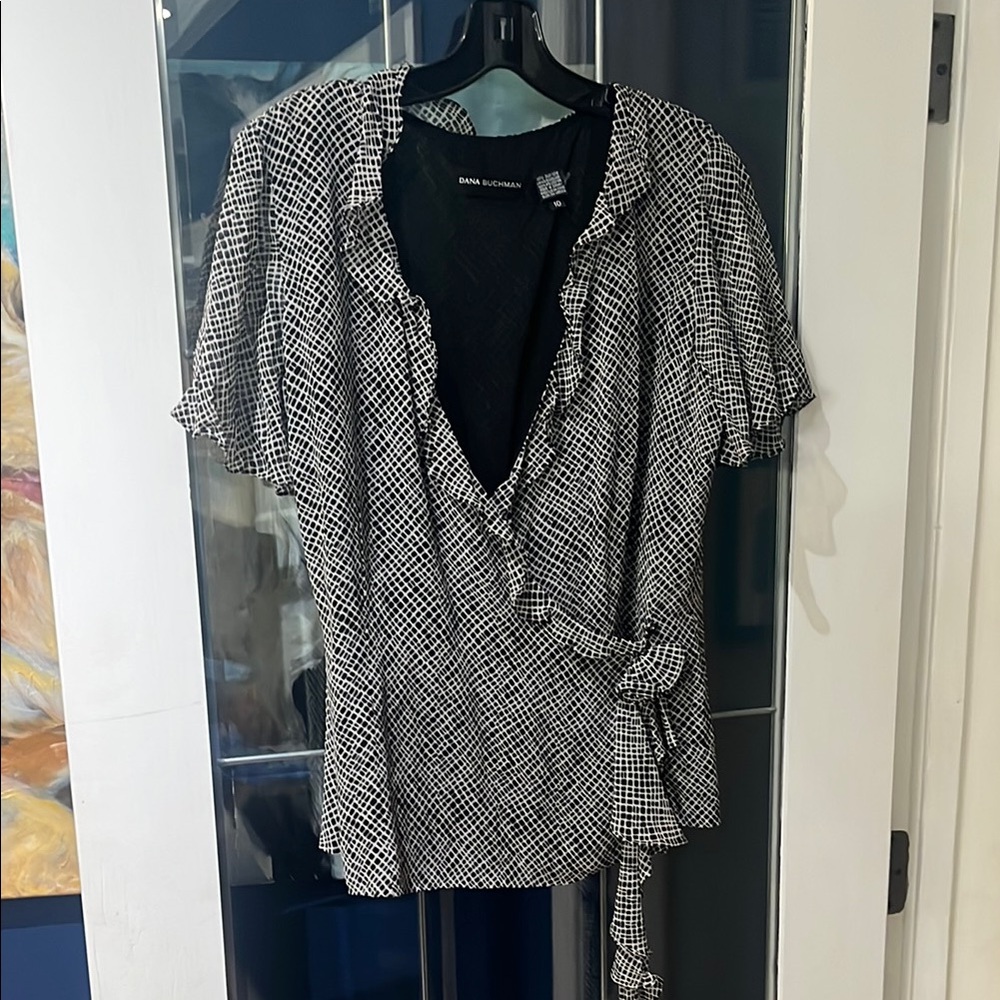 Dana Buchman Black and White Silk Wrap Blouse